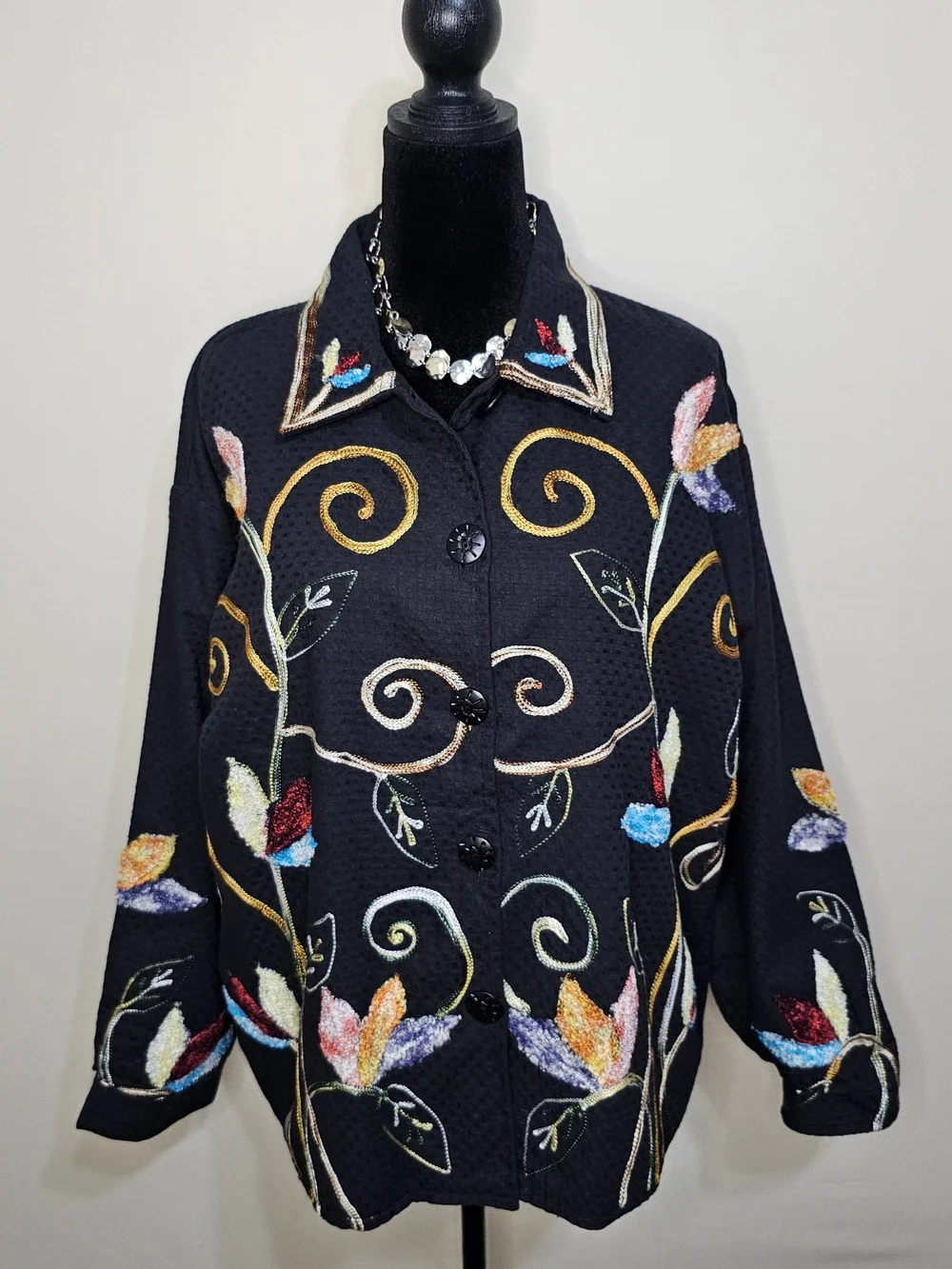 Vintage New Directions Embroidered Jacket Art to Wear Black Floral Size XL